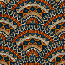 Seamless Wavy Embroidered Pattern. Handmade. Blue, Black, White And Orange Colors. Prints For Textiles. Ethnic And Tribal Motifs. Patchwork Ornament. Vector Illustration.