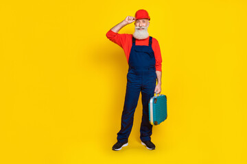 Wall Mural - Full body photo of retired senior artisan workman holding tool box kit isolated on bright color background