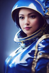 Wall Mural - A fictional person, not based on a real person. Portrait of an fictional astronaut in a spacesuit. High-tech astronaut from the future. The concept of space travel. . G. Generative AI