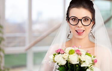 Wall Mural - Beautiful happy wedding woman with bouquet