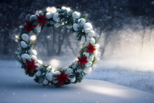 Christmas Wreath On The Snow With Red Flower And Isolated Background