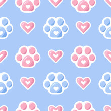 Vector Seamless Paw Pattern Pastel Purple Paw With Heart. Pattern Of Animals Paw Repeat Background, Cat Paw, Dog Paw. Pattern For Zoo, Children, Pet Shop, Textile, Grooming Salon