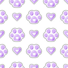 Vector Seamless Paw Pattern Pastel Purple Paw With Heart. Pattern Of Animals Paw Repeat Background, Cat Paw, Dog Paw. Pattern For Zoo, Children, Pet Shop, Textile, Grooming Salon