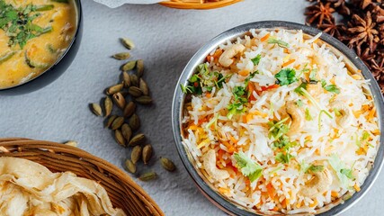 Wall Mural - Bowl of Biryani and cardamoms on a white background