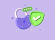 © Oleksandr - 3d lock and shield with checkmark, password box in cartoon style. concept of security or strong protection on the Internet and social networks. illustration isolated on purple background. 3d rendering