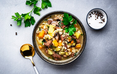 Autumn food. Warming soup with pumpkin, mushrooms, vegetables, beef and barley. Gray table background, top view