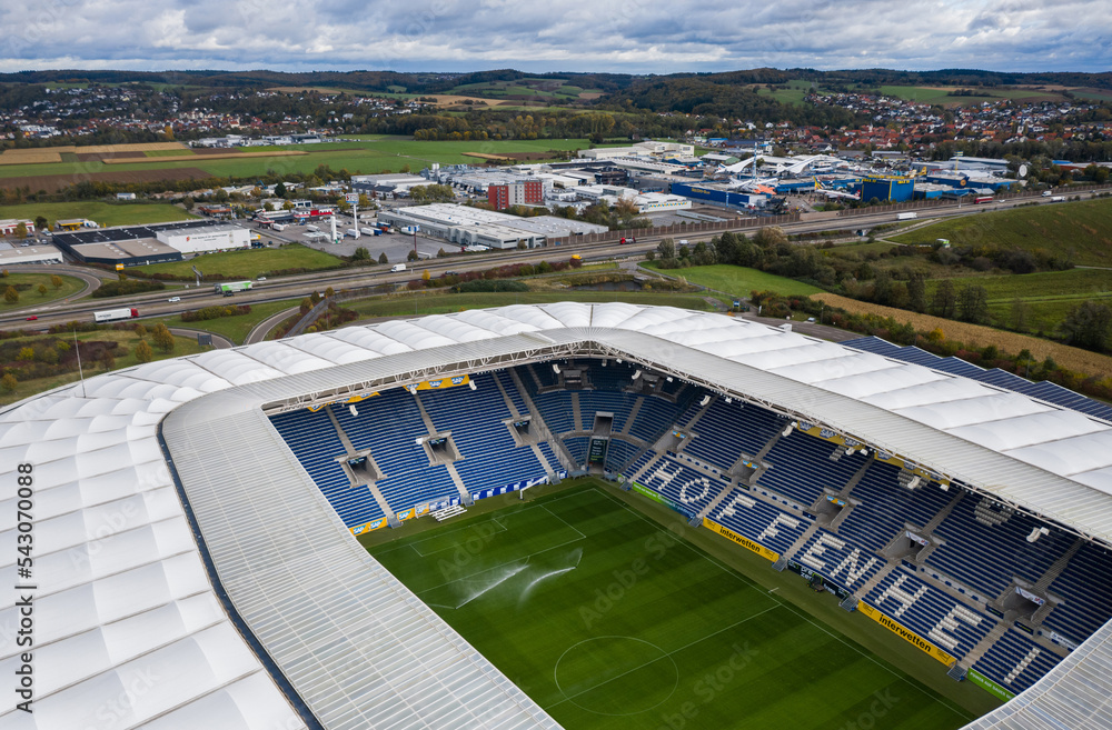 Aerial view of Rhein-Neckar-Arena (PreZero Arena), home stadium for Bundesliga football club TSG 1899 Hoffenheim. Sinsheim, Germany - October 2021 Stock Photo | Adobe Stock