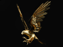 A Golden Falcon Spreading Its Wings On Dark Background. Side View. 3D Illustration.