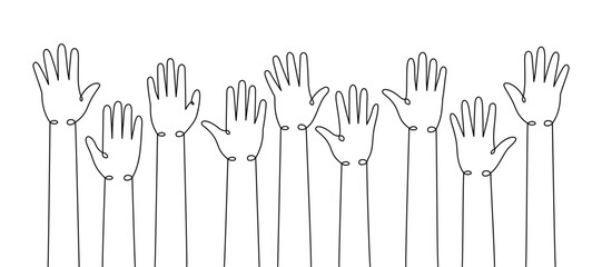 Wall Mural - Hands raised up one line continuous drawing. Collaboration, solidarity continuous one line illustration. Vector minimalist linear illustration.