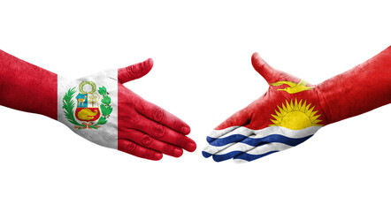 Handshake between Kiribati and Peru flags painted on hands, isolated transparent image.