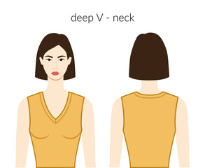 Deep V - neckline knits, sweaters clothes character beautiful lady in ochre top, shirt, dress technical fashion illustration. Flat apparel template front, back sides. Women, men unisex CAD mockup