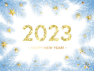 Leinwandbilder - 2023 new year lettering on gold glittering background. Vector New Year Eve sparkle golden 2023 number on shiny snow frost, gold stars and Christmas tree flares background