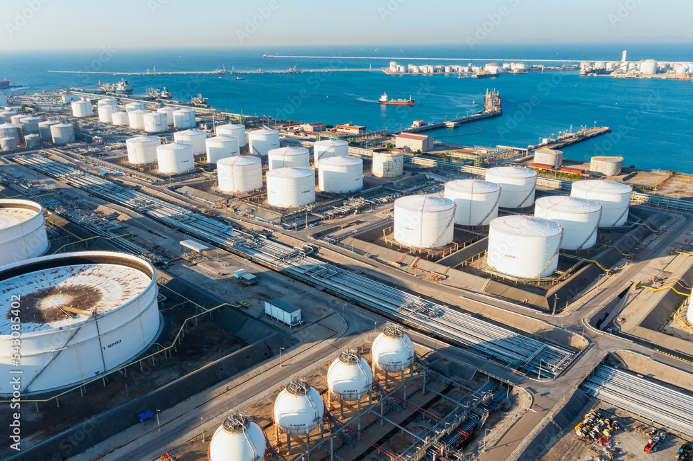 Aerial top view of White oil tank storage chemical petroleum ...
