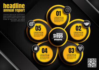 infographics design, circle 5 process chart diagram template for presentation workflow, abstract timeline elements, flow chart business yellow and black color layout concept