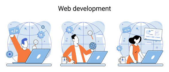 Web development metaphor, coding and programming responsive layout internet site or app of devices. Creation digital Software mobile, desktop platforms. Computer code, tablet, phone, digital business