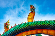 Colorful And Beautiful King Of Nagas Or Serpent At Phrathat Nong Bua Temple.Pagoda At Phrathat Nong Bua Temple In Ubon Ratchathani Province, Thailand,ASIA.Famous Places Of Thailand Concept.