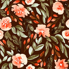 Floral in red, olive and brown. Seamless watercolor botanical pattern.