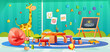 Kids playroom with furniture and toys for kids. Kindergarten classroom interior design cartoon