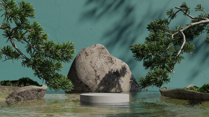 White cylindrical concrete Podium Product display on the rippled water. sea green background. Decorated with Japanese bonsai trees and rocks, shadows of leaves along with the morning light.3D renderig