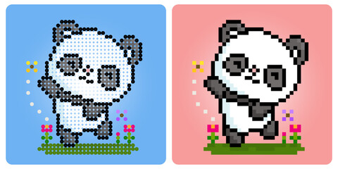 Wall Mural - 8 bit pixels, panda catching a butterfly. Animals for game assets and beads pattern in vector illustrations.