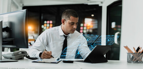 Technology and financial advisory services concert. Business man working on digital laptop computer with advisor showing plan of investment to clients at table office. Digital marketing.