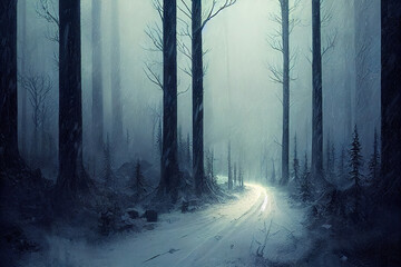 snowy road in the dark winter forest background