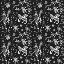 Beautiful Trendy Seamless Pattern With Hand Drawn Chimera Animals Birds Insects And Fantasy Plants. Stock Fashionable Textile Illustration.