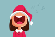 Funny Christmas Girl Singing Loud Carols Vector Cartoon Illustration. Happy Caroler Performing Live Having A Bad Voice 
