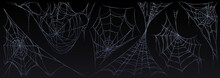 Spider Web Halloween Set, Cobweb, Spooky Insect Net Collection Design Elements For Greeting Cards. Scary, Horror Decorative Graphics Isolated On Black Background, Cartoon Vector Illustration, Clipart