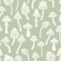 Wall Mural - Abstract psychedelic surface pattern design. Retro seamless pattern with hand drawn groovy mushrooms. Vintage 60s hippie vector background