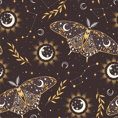 Wall Mural - Vector seamless pattern with moon moth and stars. Contemporary composition. Trendy texture for print, textile, packaging.