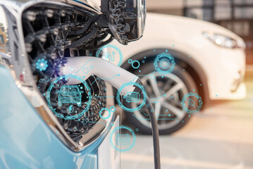 Wall Mural - Plugging an electric car's power cable car charging station booth with cutting-edge technology to load electricity, battery charge energy, and promote electromobility while protecting the environment