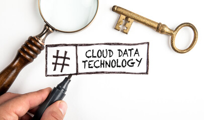Wall Mural - cloud data technology. golden key and magnifying glass on white background
