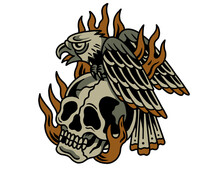 Old School Traditional Tattoo Inspired Cool Graphic Design Illustration Eagle Sitting On Human Skull With Fire For Merchandise T Shirts Stickers Wallpapers Label Logos Decoration 