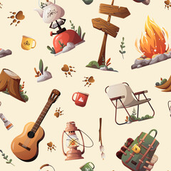 Wall Mural - seamless pattern with backpack, guitar, campfire, lantern. camping, traveling, trip, hiking, nature,