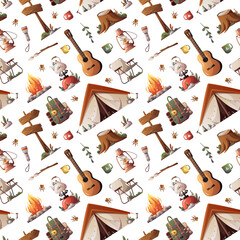 Wall Mural - seamless pattern with tent, guitar, campfire. camping, traveling, trip, hiking, nature, campsite con