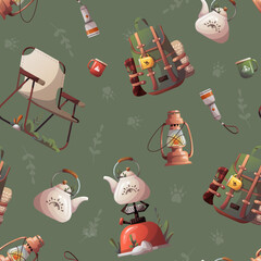 Wall Mural - seamless pattern with tourist backpack, lantern, kettle. camping, traveling, trip, hiking, nature, c