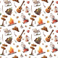 Wall Mural - seamless pattern with backpack, guitar, campfire, lantern. camping, traveling, trip, hiking, nature,