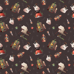 Wall Mural - seamless pattern with tourist backpack, lantern, kettle. camping, traveling, trip, hiking, nature, c