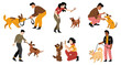 Happy people playing with dogs and smiling, flat vector illustration set isolated on white background. Male and female characters having fun, training, walking pets. Human and animal friendship