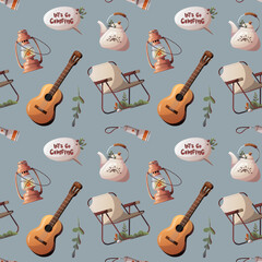Wall Mural - seamless pattern with guitar, camp chair, lantern, kettle. camping, traveling, trip, hiking, nature,