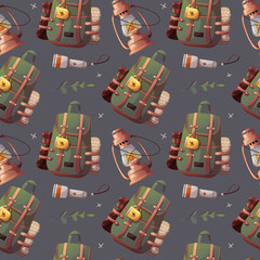 Wall Mural - seamless pattern with tourist backpack, lantern. camping, traveling, trip, hiking, nature, campsite 