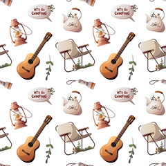 Wall Mural - seamless pattern with guitar, camp chair, lantern, kettle. camping, traveling, trip, hiking, nature,