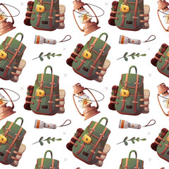 Wall Mural - seamless pattern with tourist backpack, lantern. camping, traveling, trip, hiking, nature, campsite 