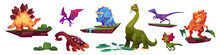 Dinosaur Cartoon Characters Isolated Set. Stegosaurus, Tyrannosaurus, Diplodocus And Triceratops, Pterodactyl, Brachiosaurus Or Velociraptor With Pterosaur Jurassic Era Animals Vector Illustration