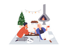Couple At Home At Christmas. Happy Man And Woman Relaxing By Fireplace In Evening. Family Drinking Cacao, Talking At Xmas Eve On Winter Holiday. Flat Vector Illustration Isolated On White Background