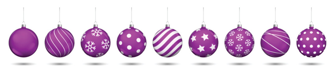 Wall Mural - Purple christmas balls decoration isolated on white background.