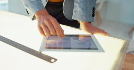 Poster - Tablet, hands and architect with a man engineer working on design in his office at work alone. Construction, architecture and creative with a male designer planning a building project online