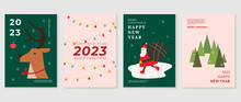 Set Of Christmas And Happy New Year 2023 Background Cover Vector. Decorative Elements Of Reindeer, Santa Claus, Tree, Wire Light. Design For Banner, Invitation, Card, Cover, Poster, Advertising.