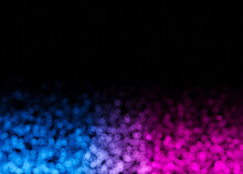 Blue And Magenta Bokeh Lights On Black Background. Copy Space For Your Text. Abstract Backdrop. Festive, Celebration. Boke Effect. Small Out-of-focus Neon Light Parts. Lower Frame, Border. 3D Render.